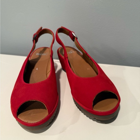 Ara Red Suede Colleen Slingback Leather Wedge Sandals - Size 6.5 - Picture 8 of 13